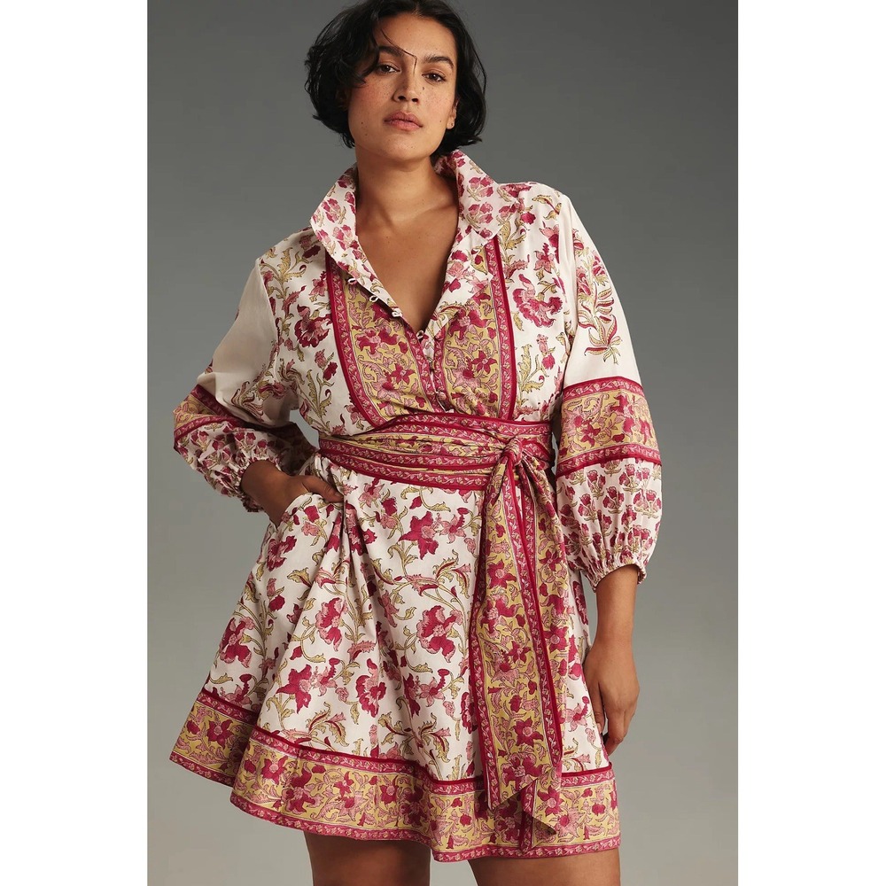 SUE SARTOR Anthropologie Long-Sleeve Flounce Dress Pink Peridot Dahlia Floral L - Picture 5 of 16